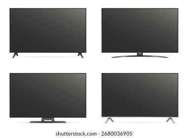 Conjunto de marco de TV vacío realista. Maqueta de un Grande televisor negro moderno. Pantalla de TV desactivada realista