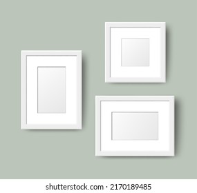 Realistic Empty Wall Photo Frame set. Vector white picture frames collage mockup template with shadow on olive green wall background. Mockup for poster, banner, photo gallery, painting, presentation