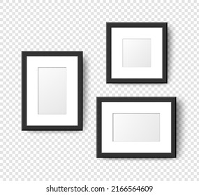 Realistic Empty Wall Photo Frames set. Vector black picture frame mockup template with shadow on transparent background. Mockup for poster, banner, photo gallery, painting, presentation.