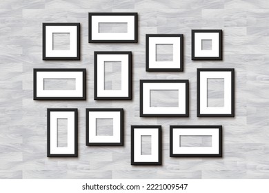 Realistic Empty Wall Photo Frames collage. Vector black picture frame set mockup template with shadow on white wooden background. Mockup for poster, photo gallery, painting, presentation