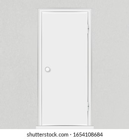 Realistic empty white closed door with frame and doorknob isolated on textured grey wall background. Vector illustration.
