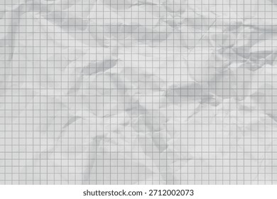 Realista hoja de cuaderno con líneas blancas vacías con efecto arrugado. Maqueta de diseño de Vector de la página de bloc de notas en blanco de papel a cuadros con pliegues. Antigua pieza de papel escolar arrugado con patrón de rejilla gris