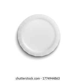 Realistic empty white paper plate mockup isolated on white background. Disposable single use cardboard dish design template from top view - vector illustration.