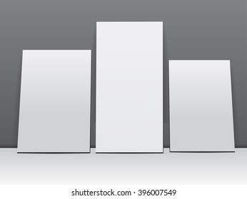 The realistic empty white picture frame or poster on the wall illuminated.Business presentation for branding, gallery design, advertising on wood background. Vector illustration
