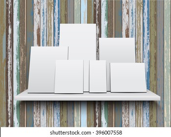 The realistic empty white picture frame or poster on the wood texture wall illuminated.Business presentation for branding, gallery design, advertising on room wood background. Vector illustration
