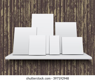 The realistic empty white picture frame or poster on the wood texture wall illuminated.Business presentation for branding, gallery design, advertising on room wood background. Vector illustration
