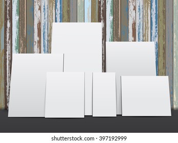 The realistic empty white picture frame or poster on the wood texture wall illuminated.Business presentation for branding, gallery design, advertising on room wood background. Vector illustration
