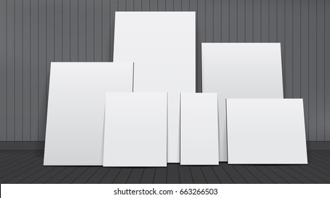 The realistic empty white picture frame or poster on the wall illuminated.Business presentation for branding, gallery design, advertising on wood background. Vector illustration
