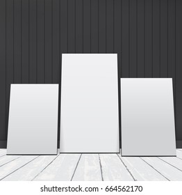 The realistic empty white picture frame or poster on the wall illuminated.Business presentation for branding, gallery design, advertising on wood background. Vector illustration

