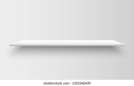Realistic empty white shelve with shadow on grey background. Mock up template for your design. Interior concept for market store, library, school, office or home. Vector illustration