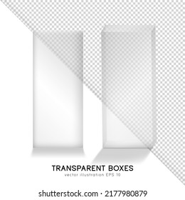 Realistic empty white transparent product boxes. Isolated tall plastic packages. Front and perspective view of rectangular cosmetic or medical or another product boxes mockup. 3d glass containers 