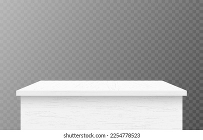 Realistic empty white wooden table. Rectangular shaped wood table on transparent background. Platform. Front view. Template design for presentation, office, room, class room. Vector illustration