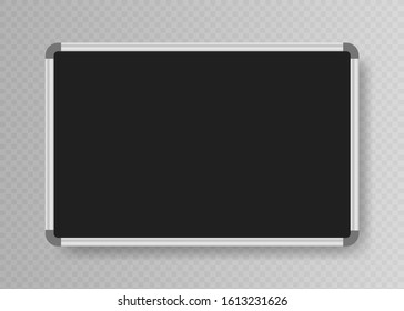 Realistic empty whiteboard for markers isolated on transparent background. Black Office board. Vector illustration.