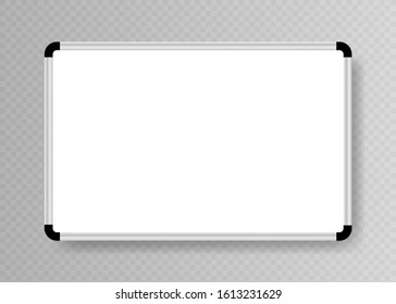 Realistic empty whiteboard for markers isolated on transparent background. White Office board. Vector illustration.