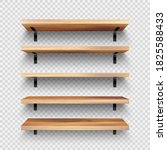 Realistic empty wooden store shelves set. Product shelf with wood texture and black wall mount. Grocery rack. Vector illustration.