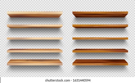 Realistic empty wooden store shelves set. Product shelf with wood texture. Grocery wall rack. Vector illustration.