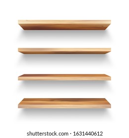 Realistic empty wooden store shelves set. Product shelf with wood texture. Grocery wall rack. Vector illustration.