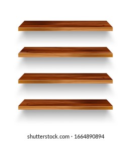 Realistic empty wooden store shelves set. Product shelf with wood texture. Grocery wall rack. Vector illustration.