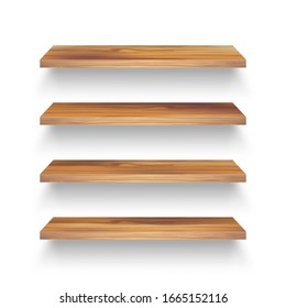 Realistic empty wooden store shelves set. Product shelf with wood texture. Grocery wall rack. Vector illustration.