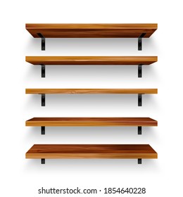 Realistic empty wooden store shelves set. Product shelf with wood texture and black wall mount. Grocery rack. Vector illustration.