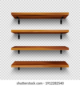 Realistic empty wooden store shelves set. Product shelf with wood texture and black wall mount. Grocery rack. Vector illustration.