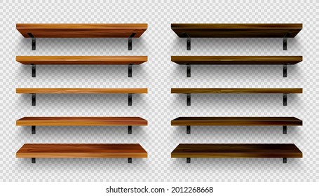 Realistic empty wooden store shelves set. Product shelf with wood texture and black wall mount. Old grocery rack. Vector illustration.