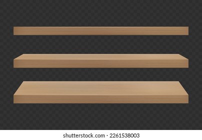 Estantes de tiendas de madera vacías y realistas. Estante de producto con textura de madera. Estante de pared de compras. Ilustración vectorial.