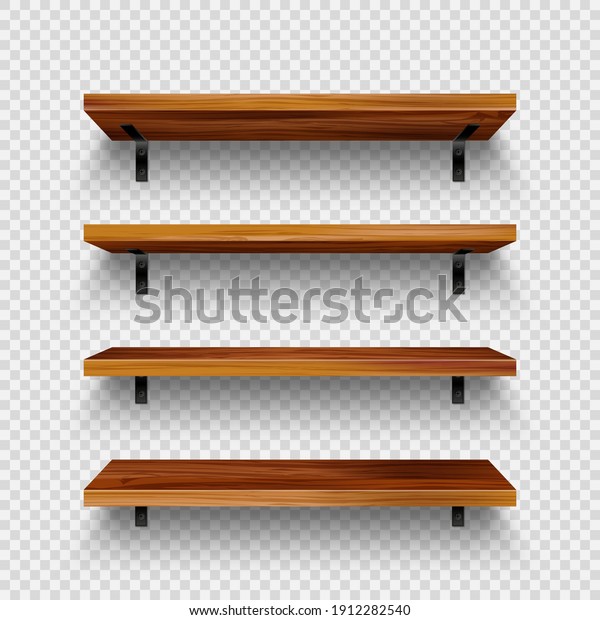 Realistic empty wooden store shelves set.\
Product shelf with wood texture and black wall mount. Grocery rack.\
Vector illustration.