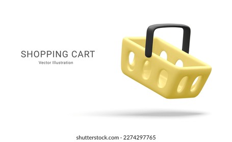 Realistic empty yellow shopping basket. Online store. 3d shopping cart. Vector illustration