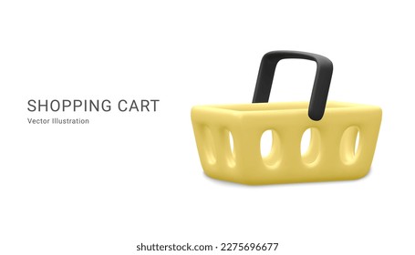 Realistischer leerer gelber Einkaufskorb. Online-Shop. 3D-Warenkorb. Vektorgrafik