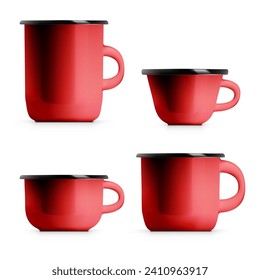 Realistic Enamel Metal Red Mug Set Isolated On White Background. EPS10 Vector