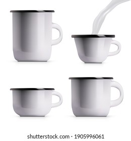 Realistic Enamel Metal White Mug Set Isolated On White Background. EPS10 Vector