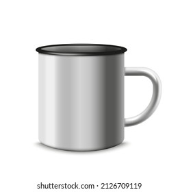 Realistic enamel mug mockup, 3d vector illustration isolated on white background. Silver cup for drinking tea or coffee. Steel mug template for advertising.
