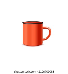 Realistic enamel mug in red color, 3d vector illustration isolated on white background. Metal cup for camping, dishware mockup for advertising.