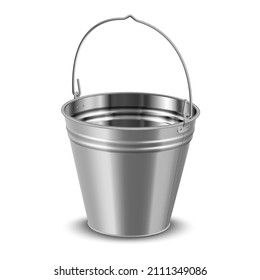 Realistic enameled bucket with handle vector illustration. Metal aluminum bucketful for water carrying and household cleaning isolated. 3d template housekeeping container for garbage