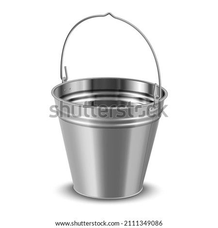 Realistic enameled bucket with handle vector illustration. Metal aluminum bucketful for water carrying and household cleaning isolated. 3d template housekeeping container for garbage