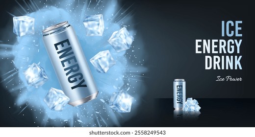 Realistic energy drink in an aluminum can with flying ice cubes on a dark background. Banner concept for advertising fresh cold drinks with text