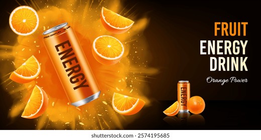 Realistic energy drink in an aluminum can with flying orange slices on a dark background. Banner concept for advertising fresh cold drinks with text