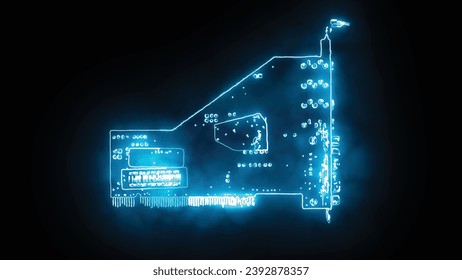 Realistic energy flow data visualization concept of a computer display card circuit board power movement