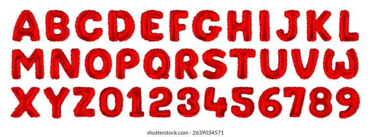Realistic english alphabet and number balloon for birthday party or wedding invitation social media banner. 3d red air bubble font for school kids coloring book. Christmas plastic paper text or letter