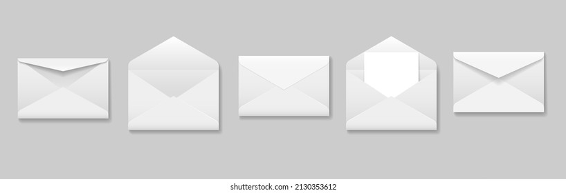 Sobre realista. Sobres de correo blanco en blanco en blanco en blanco aislados, en blanco en la parte posterior letras abiertas, mensajes de papel envueltos ilustración vectorial