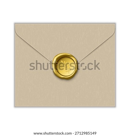 Realistic envelope with gold wax seal and embossed branch with leaves 3d vector design mockup, for craft wedding invitations, vintage correspondence, formal announcements, luxury branding visuals.