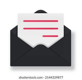 Realistic Envelope icon. Open black envelope with white sheet, document or letter. Social networking or business discussion. Website design. Cartoon 3D vector illustration isolated on white background