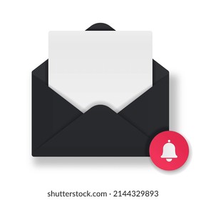 Icono de Sobre realista. Abrir sobre negro con papel o letra y símbolo de timbre. Recibir notificaciones sobre mensajes o correos electrónicos. Ilustración vectorial 3D de dibujos animados aislada en fondo blanco