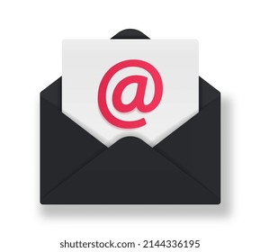 Realistic Envelope icon. Open black envelope with white sheet and mail or email symbol. Chat on social network or send letters and messages. Cartoon 3D vector illustration isolated on white background
