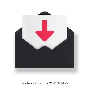 Icono de Sobre realista. Pegatina con sobre negro y carta con flecha roja apuntando hacia abajo. Recibir mensajes o notificaciones por correo electrónico. Ilustración vectorial 3D de dibujos animados aislada en fondo blanco