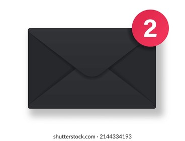 Realistic Envelope icon. Sticker with closed black envelope and red circle with message notification. Communication in social networks. Cartoon 3D vector illustration isolated on white background
