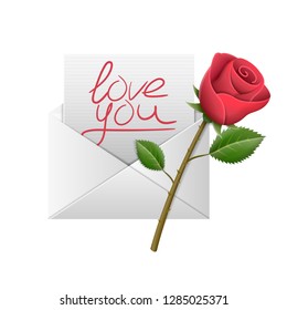 Realistic envelope with letter love you and flower rose for valintine day or wedding