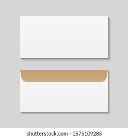 Realistic Envelope Mockup. Front And Back Envelope Isolated On Grey Background. Vector Template For Business And Branding Identity.