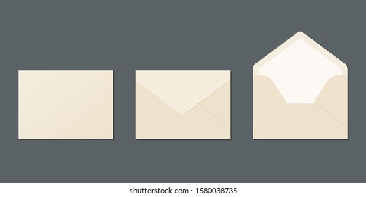 Realistic envelope mockup set. Envelope in front, back, opened vector. Vector template for business and branding identity. 